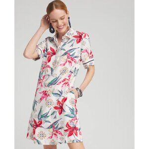 Chico’s 1.5 (US 10) 100% Linen Floral Popover Shirt Dress collar pockets print